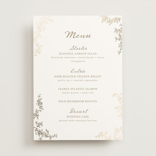 This is a ivory menu cards with foil pressed by Cass Loh called boho flower crest printing on signature in 5x7