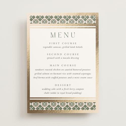 This is a evergreen menu cards with foil pressed by Oma N. Ramkhelawan called kareem printing on signature in 5x7
