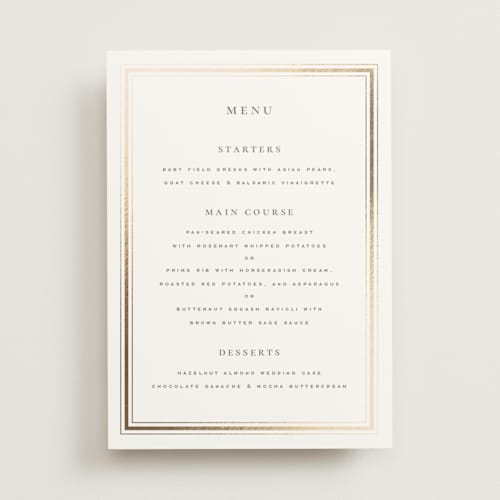 This is a chantilly menu cards with foil pressed by Wildfield Paper Co called hampton printing on signature in 5x7