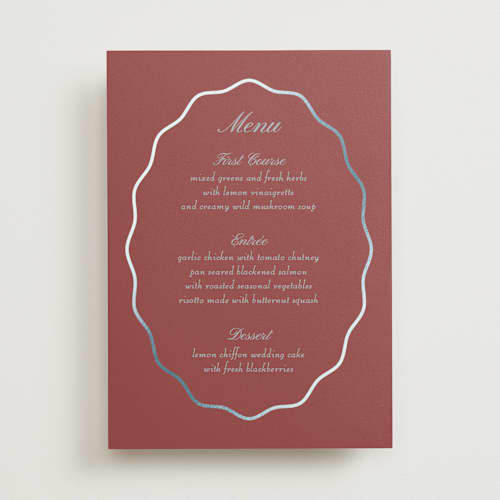 This is a burgundy menu cards with foil pressed by Baumbirdy called scallop frame printing on signature in 5x7