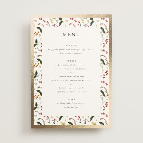This is a burgundy menu cards with foil pressed by Susan Moyal called enchanting printing on signature in standard