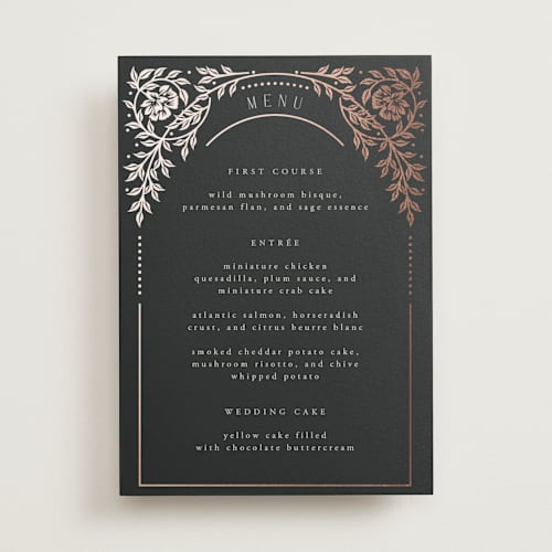 This is a onyx menu cards with foil pressed by Ana de Sousa called gilded nouveau frame printing on signature in standard