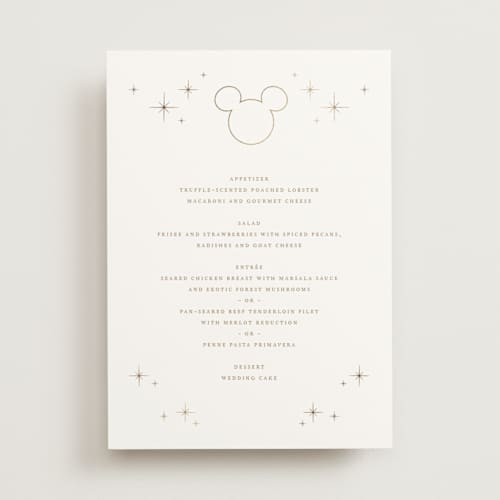 This is a celebration menu cards with foil pressed by Jennifer Postorino called disney's minimal mickey mouse printing on signature in standard