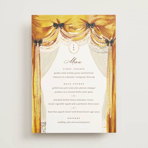 This is a golden menu cards with foil pressed by Claudia Orengo called tuileries printing on signature in 5x7