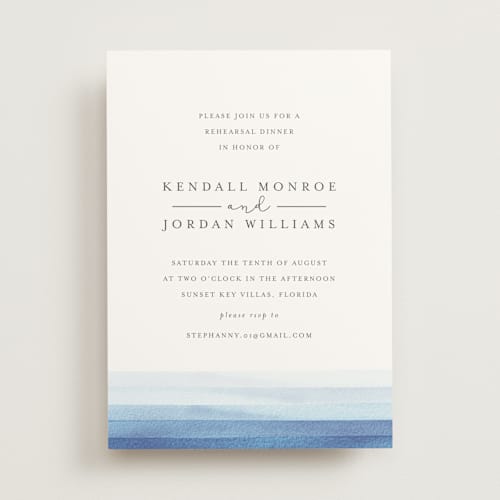 This is a azure rehearsal dinner invitations with standard by Bethan called watercolour stripe printing on signature in standard