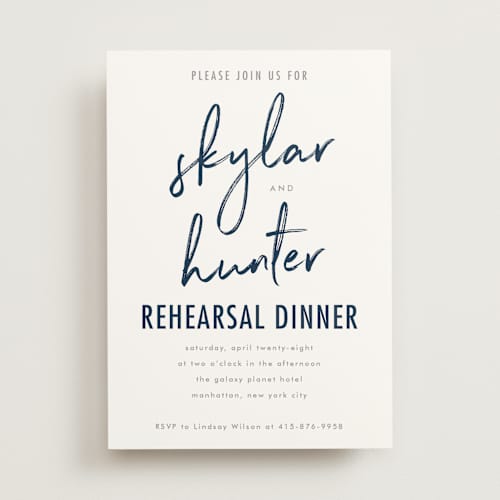 This is a navy rehearsal dinner invitations with standard by Phrosné Barwood called funky names printing on signature in standard