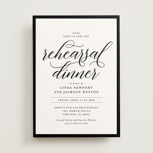 This is a black tie rehearsal dinner invitations with standard by Laura Hamm called modern classic printing on signature in standard