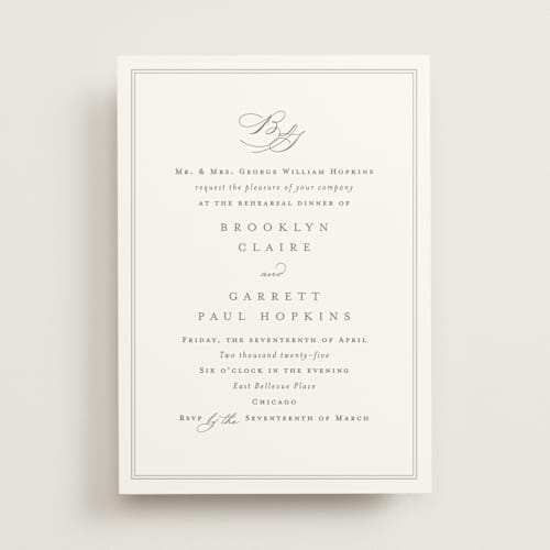 This is a cotton rehearsal dinner invitations with standard by Amy Kross called overlapping printing on signature in standard