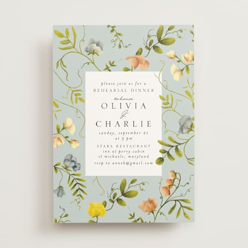 This is a bluebell rehearsal dinner invitations with standard by Chris Griffith called a botanical event printing on signature in standard