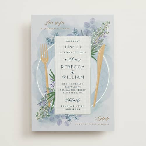 This is a porcelaine rehearsal dinner invitations with standard by Paper Sun Studio called time to dine printing on signature in standard