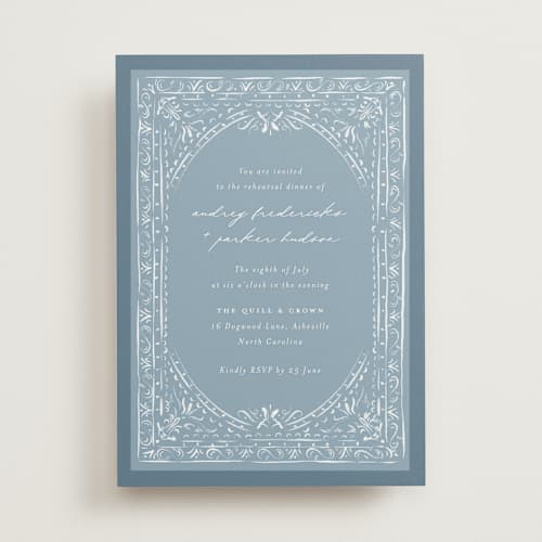This is a dusty blue rehearsal dinner invitations with standard by Jackie Crawford called whimsical frame printing on signature in standard