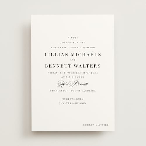 This is a tuxedo rehearsal dinner invitations with standard by Megan Davis called charleston printing on signature in standard