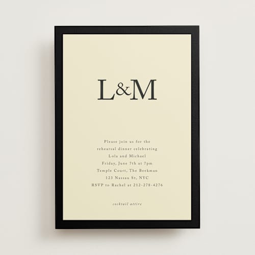 This is a midnight rehearsal dinner invitations with standard by mo kelley called classic initials printing on signature in standard