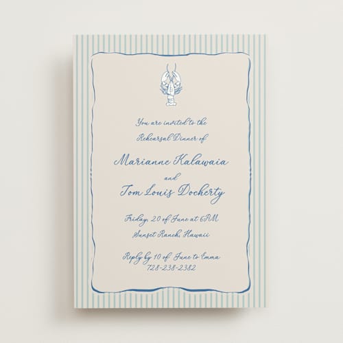 This is a marine rehearsal dinner invitations with standard by Lucrecia Caporale called seaside serenade printing on signature in standard