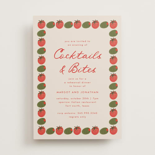 This is a saucy rehearsal dinner invitations with standard by Anna Elder called olive bites printing on signature in standard