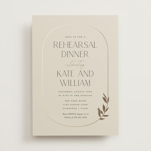 This is a sand rehearsal dinner invitations with foil pressed by Robert and Stella called locket printing on signature in standard