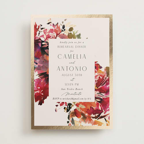 This is a maroon rehearsal dinner invitations with foil pressed by Lori Wemple called floral printing on signature in standard