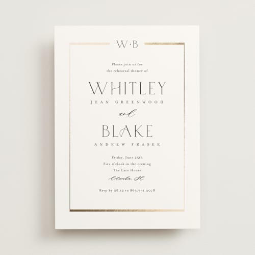 This is a cotton rehearsal dinner invitations with foil pressed by Stacey Meacham called luster printing on signature in standard