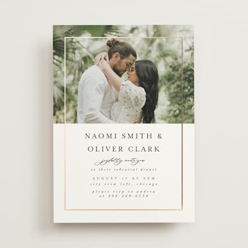 This is a pearl rehearsal dinner invitations with foil pressed by Nicole Walsh called gilded frame printing on signature in standard