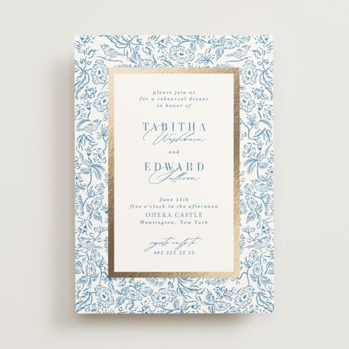 This is a cerulean rehearsal dinner invitations with foil pressed by Tamara Hilje called lavender fields printing on signature in standard
