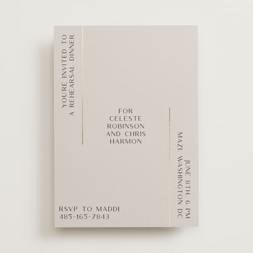 This is a taupe rehearsal dinner invitations with foil pressed by Gwen Bedat called modern day printing on signature in standard