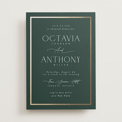 This is a evergreen rehearsal dinner invitations with foil pressed by Nicole Walsh called regal printing on signature in standard