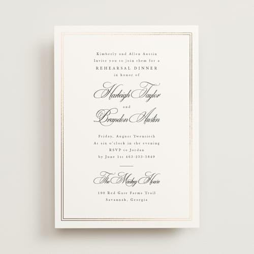 This is a snow rehearsal dinner invitations with foil pressed by Sarah Brown called traditionalist printing on signature in standard