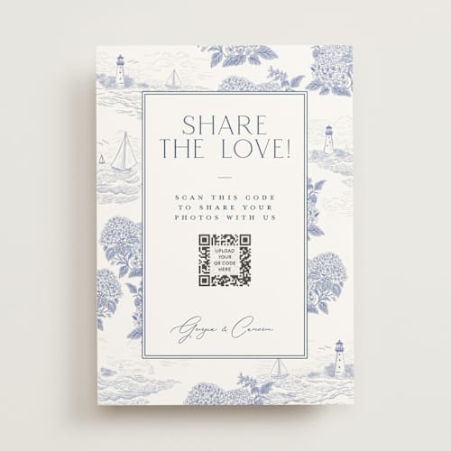 This is a periwinkle wedding signs with standard by Jenna Holcomb called coastal toile printing on doublethick in 5x7