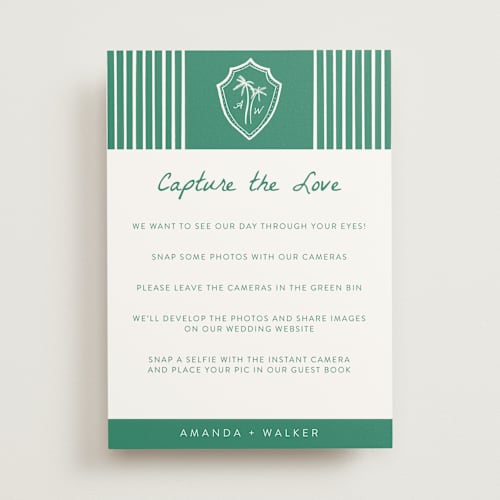 This is a palm wedding signs with standard by Erika Firm called palm tree crest printing on doublethick in 5x7
