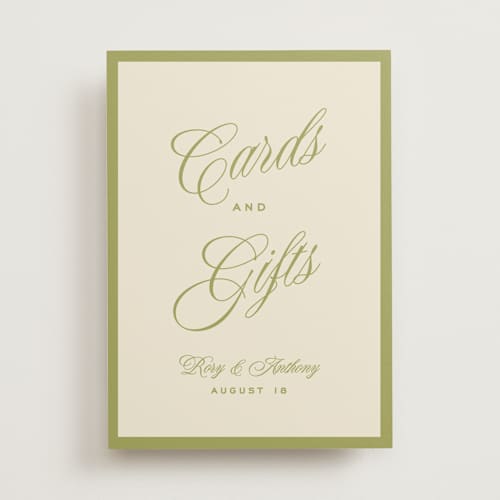 This is a olive wedding signs with standard by Ellen Schlegelmilch called rory printing on doublethick in 5x7