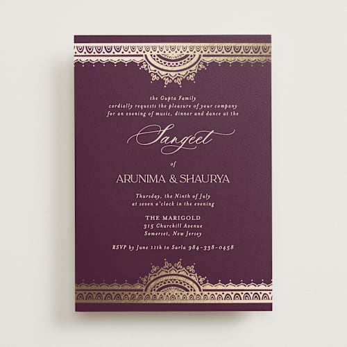 This is a plum foil stamped wedding invitations with foil pressed by Randi Cirelli called arunima printing on signature in standard