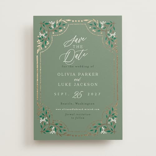 This is a evergreen foil stamped save the date cards with foil pressed by Alethea and Ruth called illuminated storybook printing on signature in standard