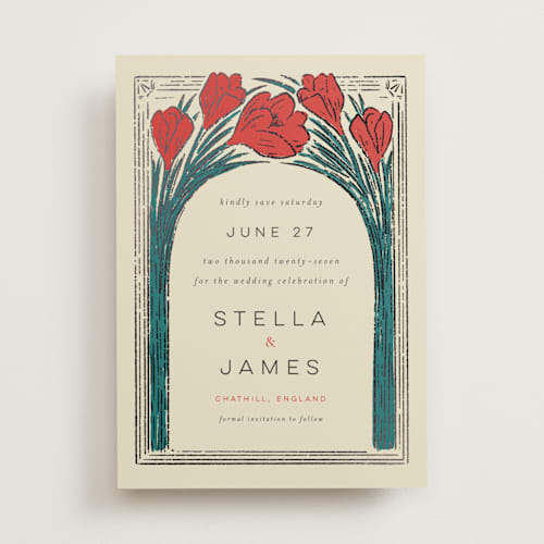This is a birch foil stamped save the date cards with foil pressed by Shiny Penny Studio called deco spring florals printing on signature in standard