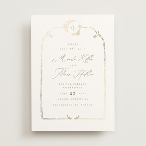 This is a porcelain foil stamped save the date cards with foil pressed by Leah Bisch called reflection printing on signature in standard