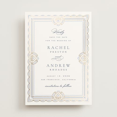 This is a dusty blue foil stamped save the date cards with foil pressed by Janean Hinger called aurelia printing on signature in standard