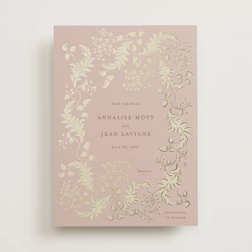 This is a rose foil stamped save the date cards with foil pressed by Ani Somi called french train printing on signature in standard