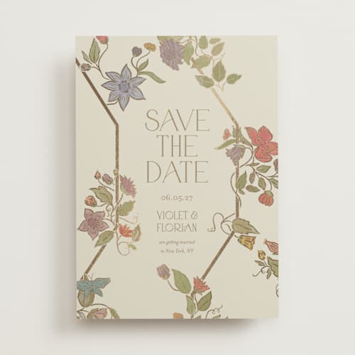 This is a mint foil stamped save the date cards with foil pressed by Simona Camp called radiant botany printing on signature in standard