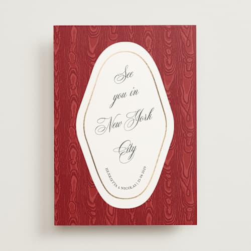 This is a crimson foil stamped save the date cards with foil pressed by Studio Suku called moiré printing on signature in standard