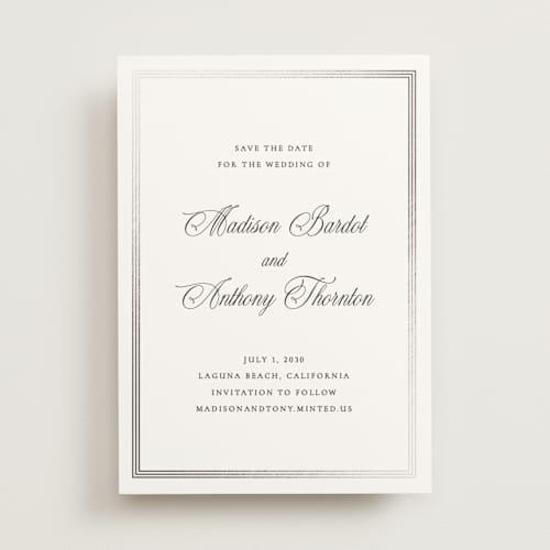 This is a ink foil stamped save the date cards with foil pressed by Vanessa Doyle called triple border printing on signature in standard