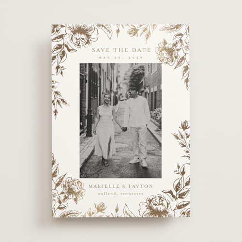 This is a wheat foil stamped save the date cards with foil pressed by Chris Griffith called wildflower date printing on signature in standard