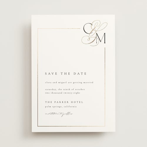 This is a silk foil stamped save the date cards with foil pressed by Kelly Schmidt called golden ampersand printing on signature in standard