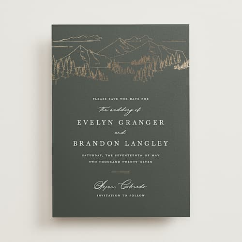 This is a hunter foil stamped save the date cards with foil pressed by Sarah Brown called peaks printing on signature in standard