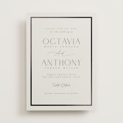 This is a sandstone foil stamped save the date cards with foil pressed by Nicole Walsh called regal printing on signature in 5x7