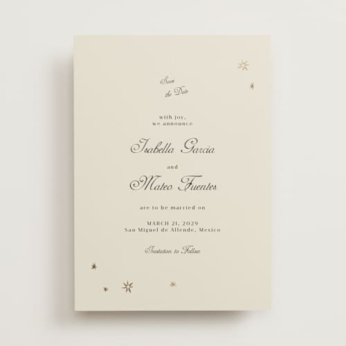This is a noir foil stamped save the date cards with foil pressed by Ani Somi called stars printing on signature in standard