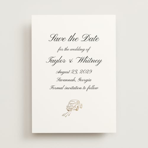 This is a snow foil stamped save the date cards with foil pressed by Cass Loh called joyride printing on signature in standard