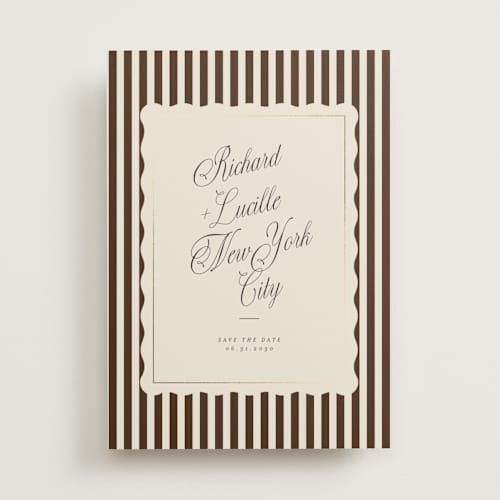 This is a chocolate foil stamped save the date cards with foil pressed by Baumbirdy called stripe frame printing on signature in standard