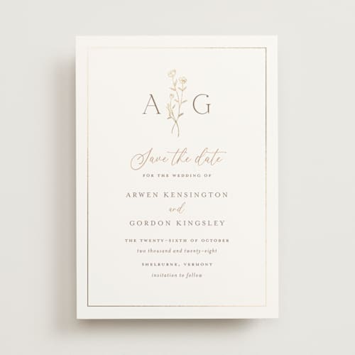 This is a chiffon foil stamped save the date cards with foil pressed by chocomocacino called kouignette printing on signature in standard