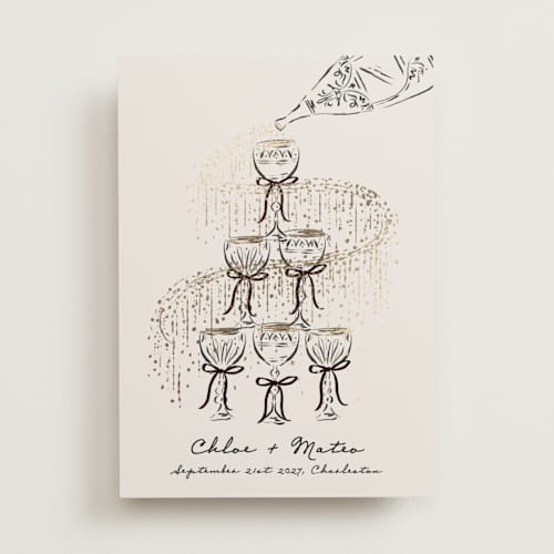 This is a noir foil stamped save the date cards with foil pressed by Jackie Crawford called sparkling champagne tower printing on signature in standard