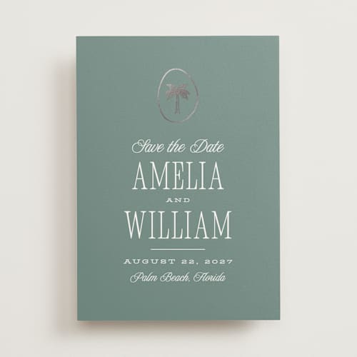 This is a harbor foil stamped save the date cards with foil pressed by Robert and Stella called madeira printing on signature in standard