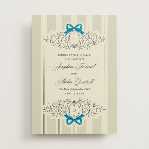 This is a marine foil stamped save the date cards with foil pressed by Jackie Crawford called josephine printing on signature in standard